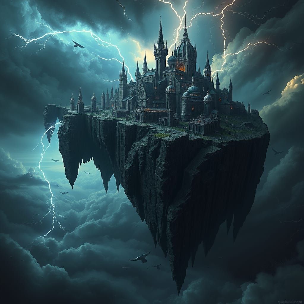 Gothic City in Stormy Sky