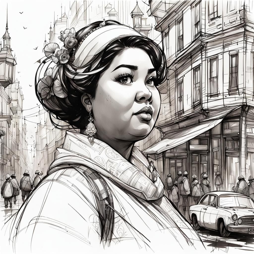 Chubby Queen Portrait in Whimsical Urban Style