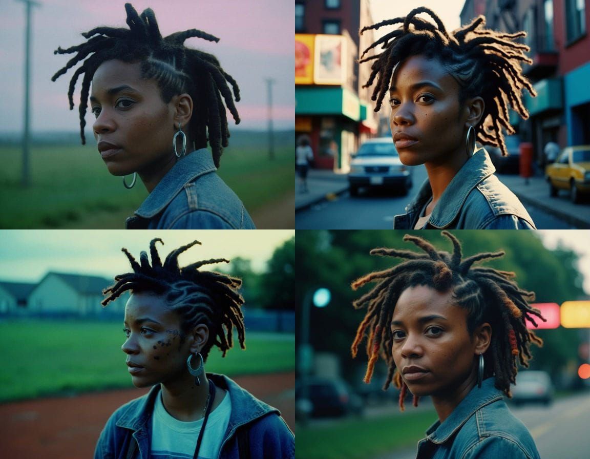 Ebony Woman with Vibrant Locs and Pixie Sideburns in Urban 9...