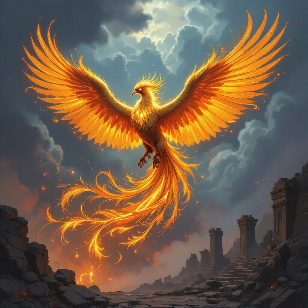 Bioluminescent Phoenix Soaring Over Forgotten Kingdom