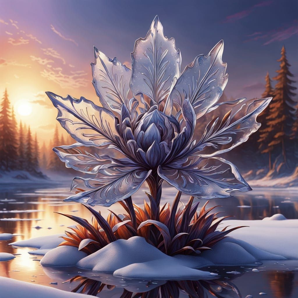 Frozen Lake Ice Flowers at Sunset in Digital Matte Style
