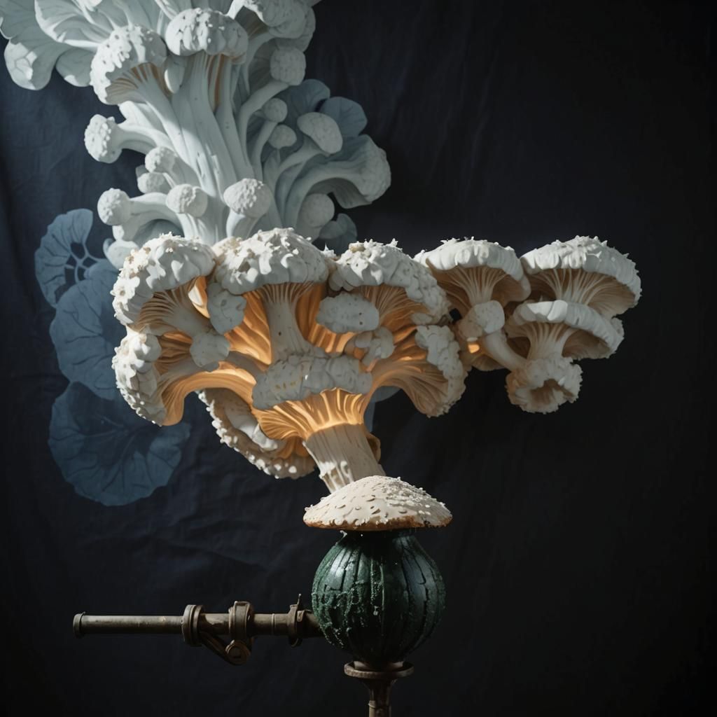 Linocut: Indonesian Workers Tending Giant Mushrooms