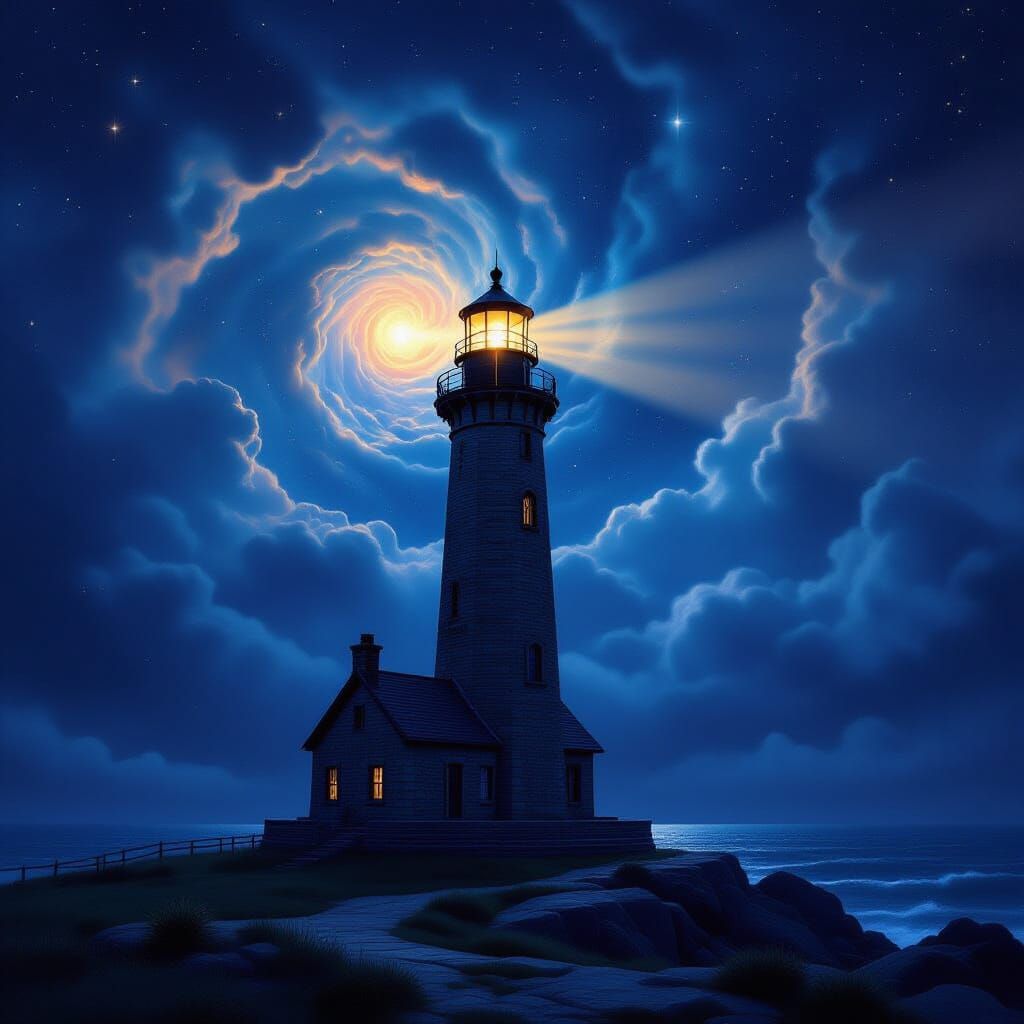 Ancient Lighthouse Under Cosmic Sky, Luminous Landscape