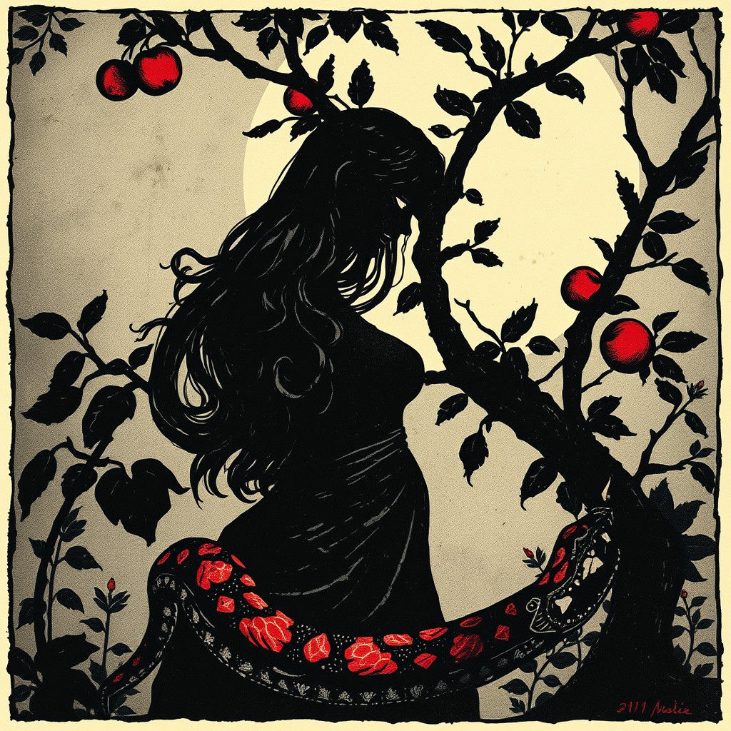 Eve and Snake Silhouette in Steampunk Ink Painting