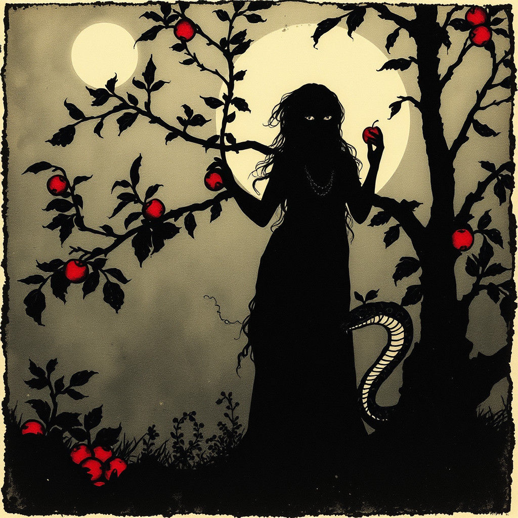 Eve and Snake Silhouette: Steampunk Ink Painting