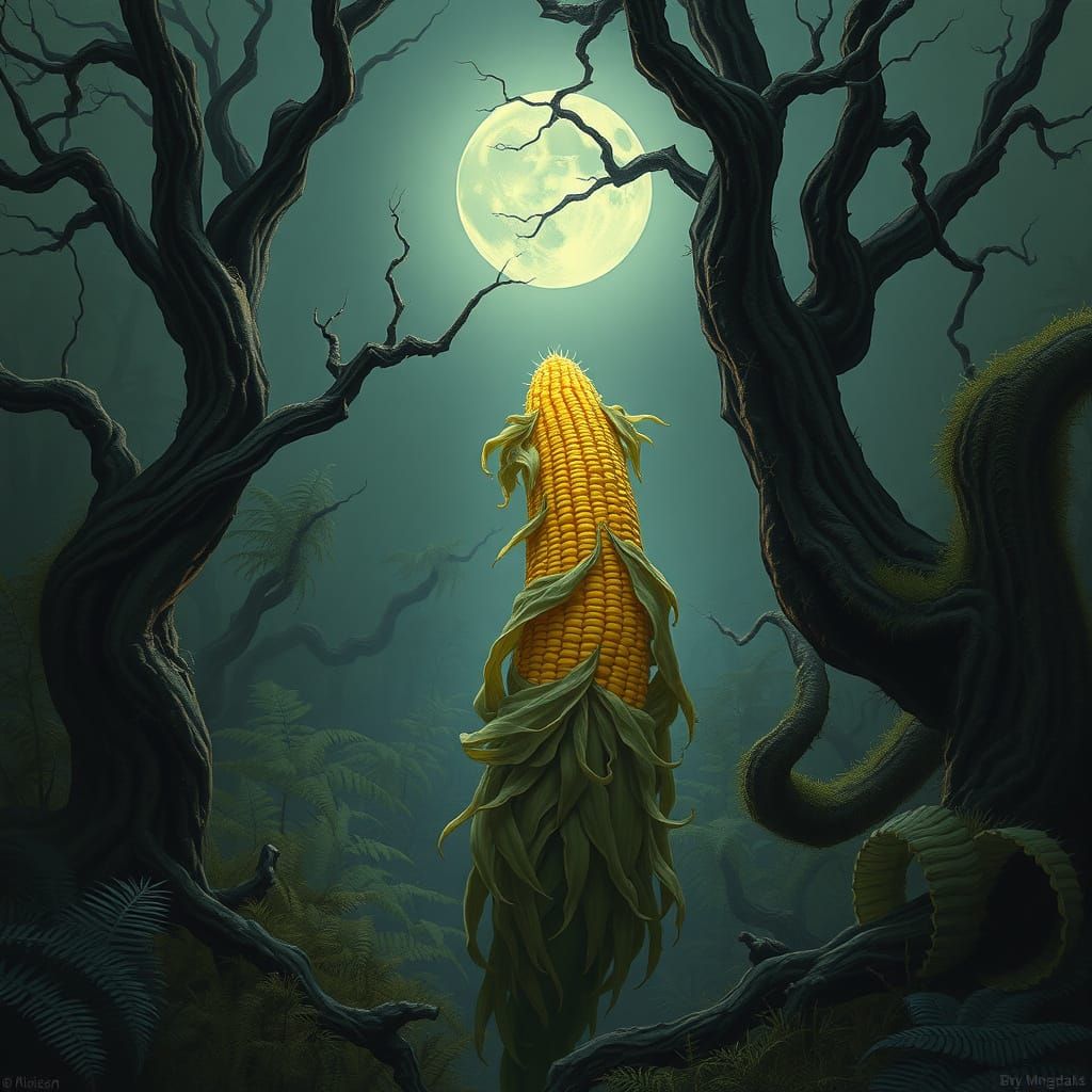Spectral Corn Entity in a Moonlit Enchanted Forest