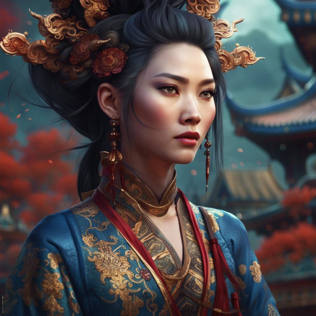 Beautiful Asian Woman with Comb: Fantasy Art