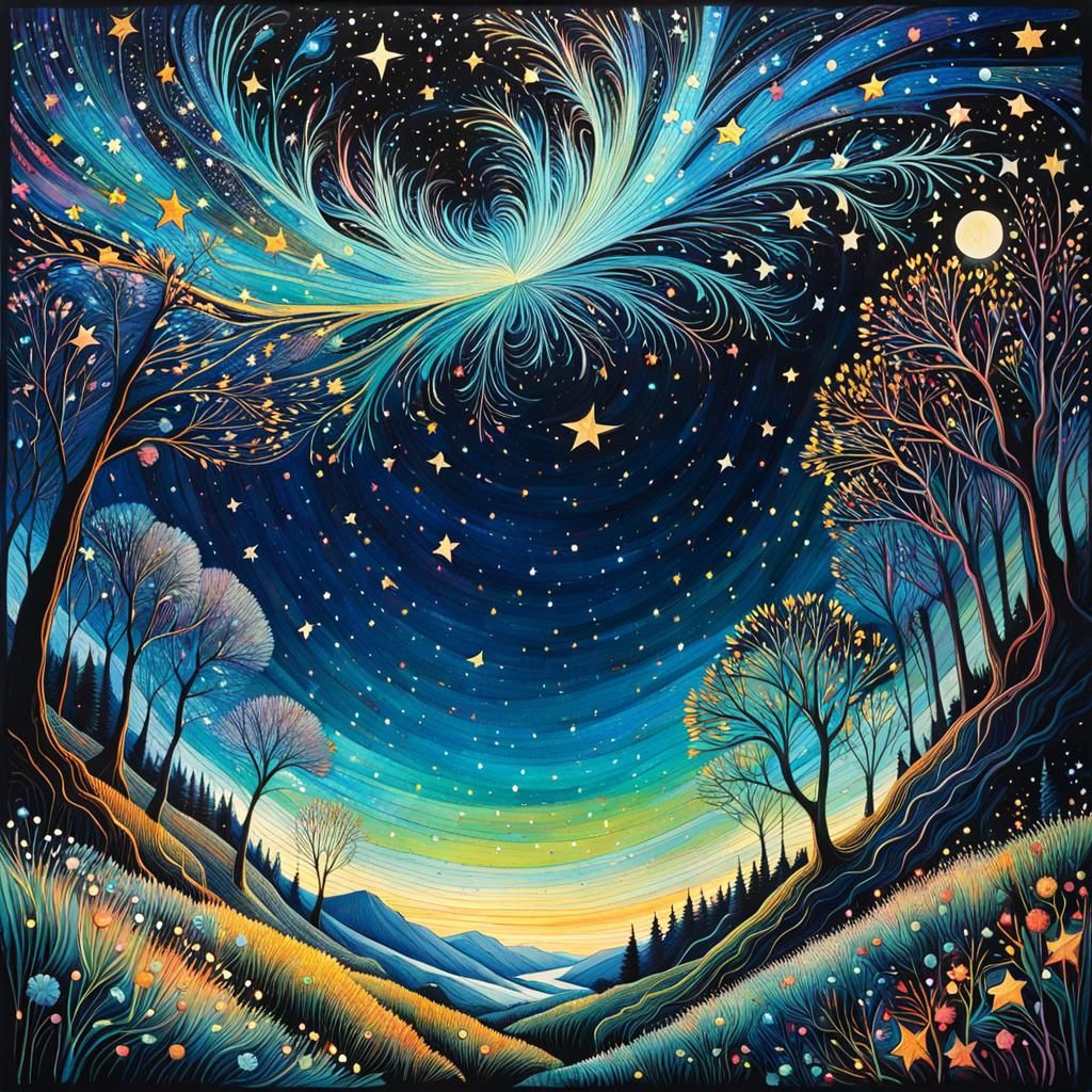 Vibrant Stars in Night Sky, Art Brut Illustration