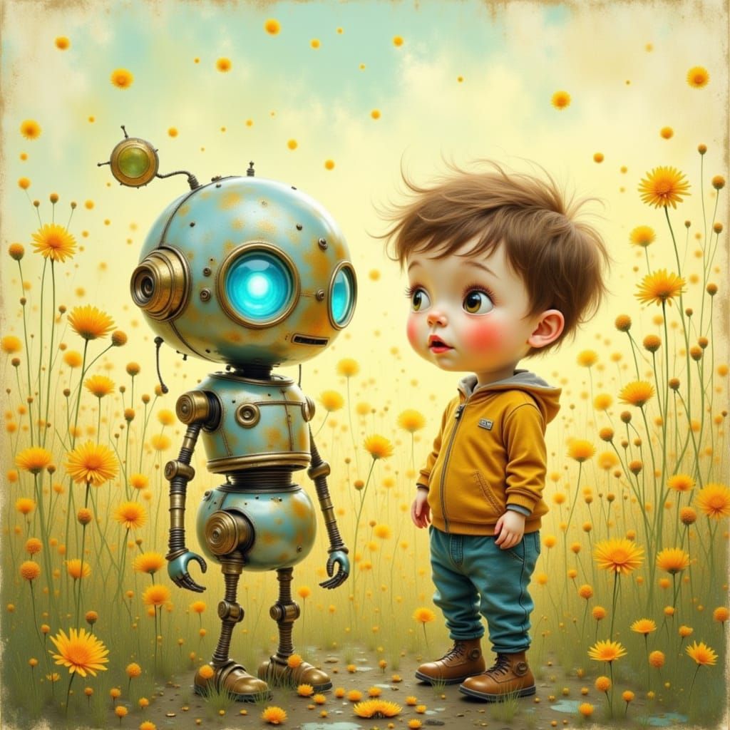 Whimsical Robot and Boy in Sun-Drenched Meadow