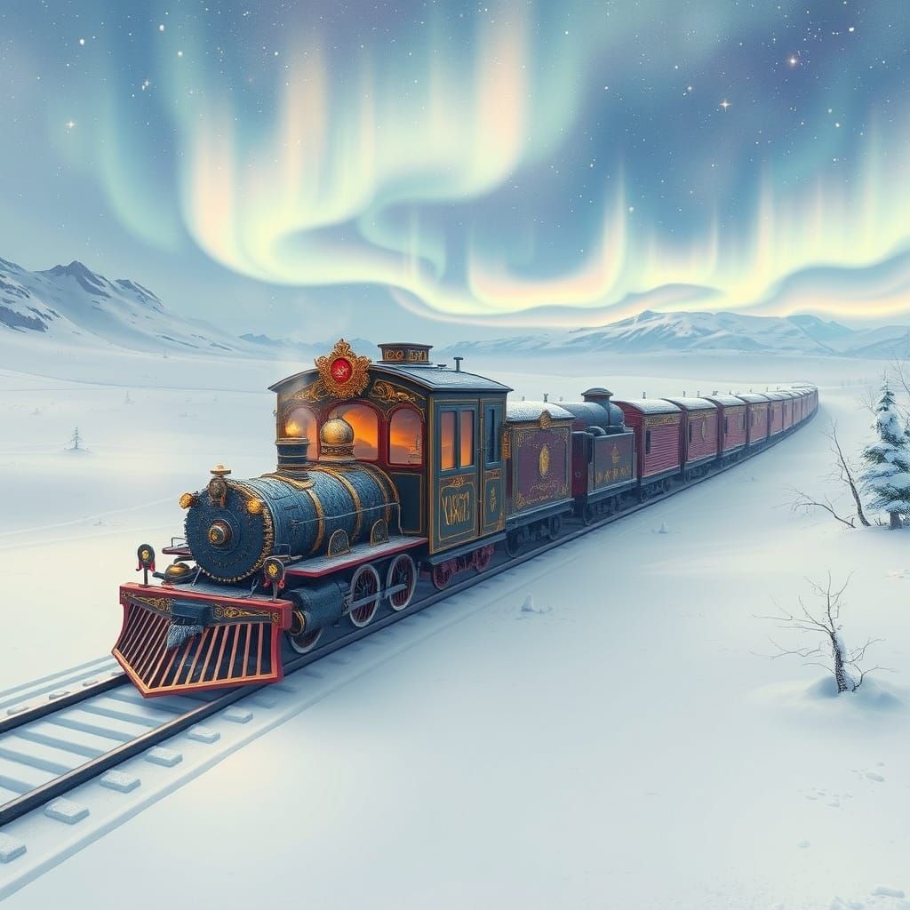 Magical Snow Train Under Aurora Sky