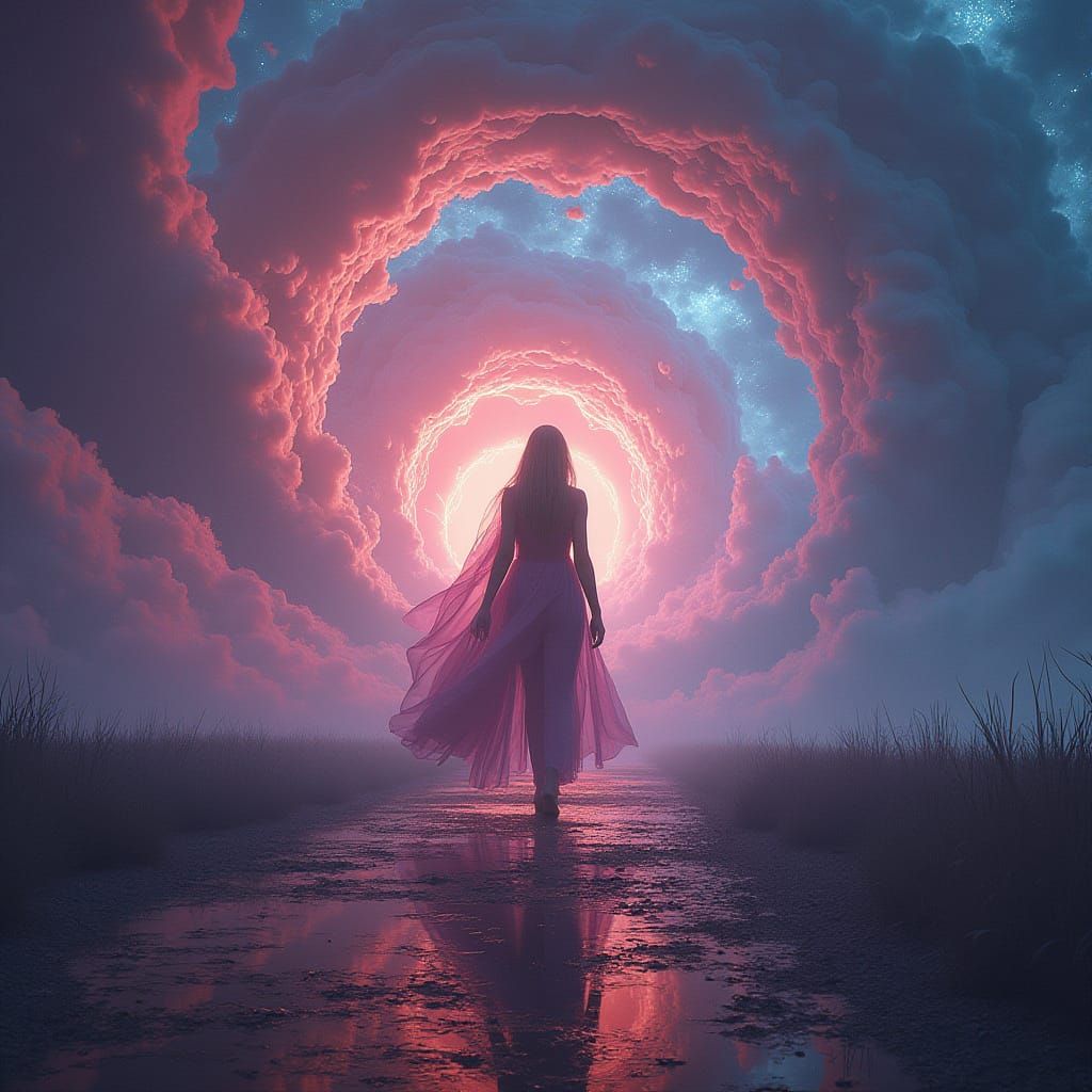 Ethereal Figure Stepping into a Colorful Dreamscape