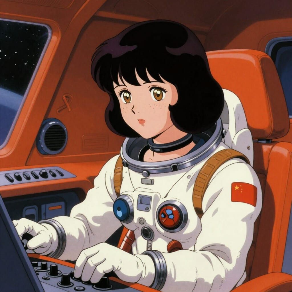 Woman Operates Spaceship Controls in Retro Anime Style