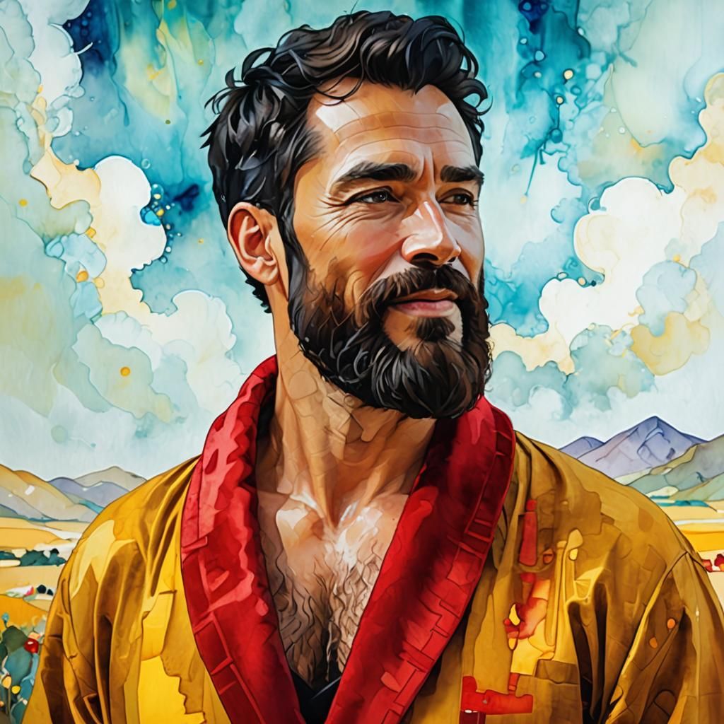 Serene Bearded Man in Vibrant Red Velvet Robe