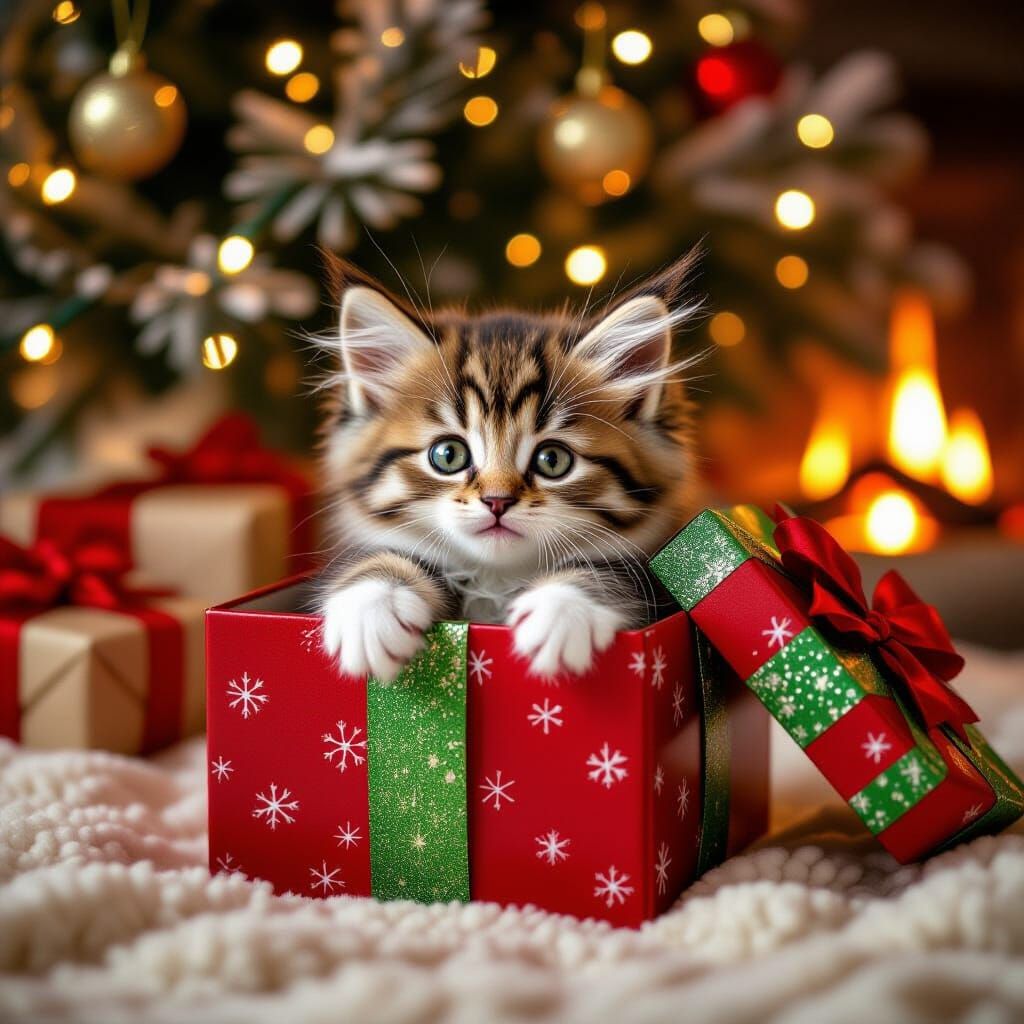 Fluffy Kitten Peeking From Christmas Gift Box