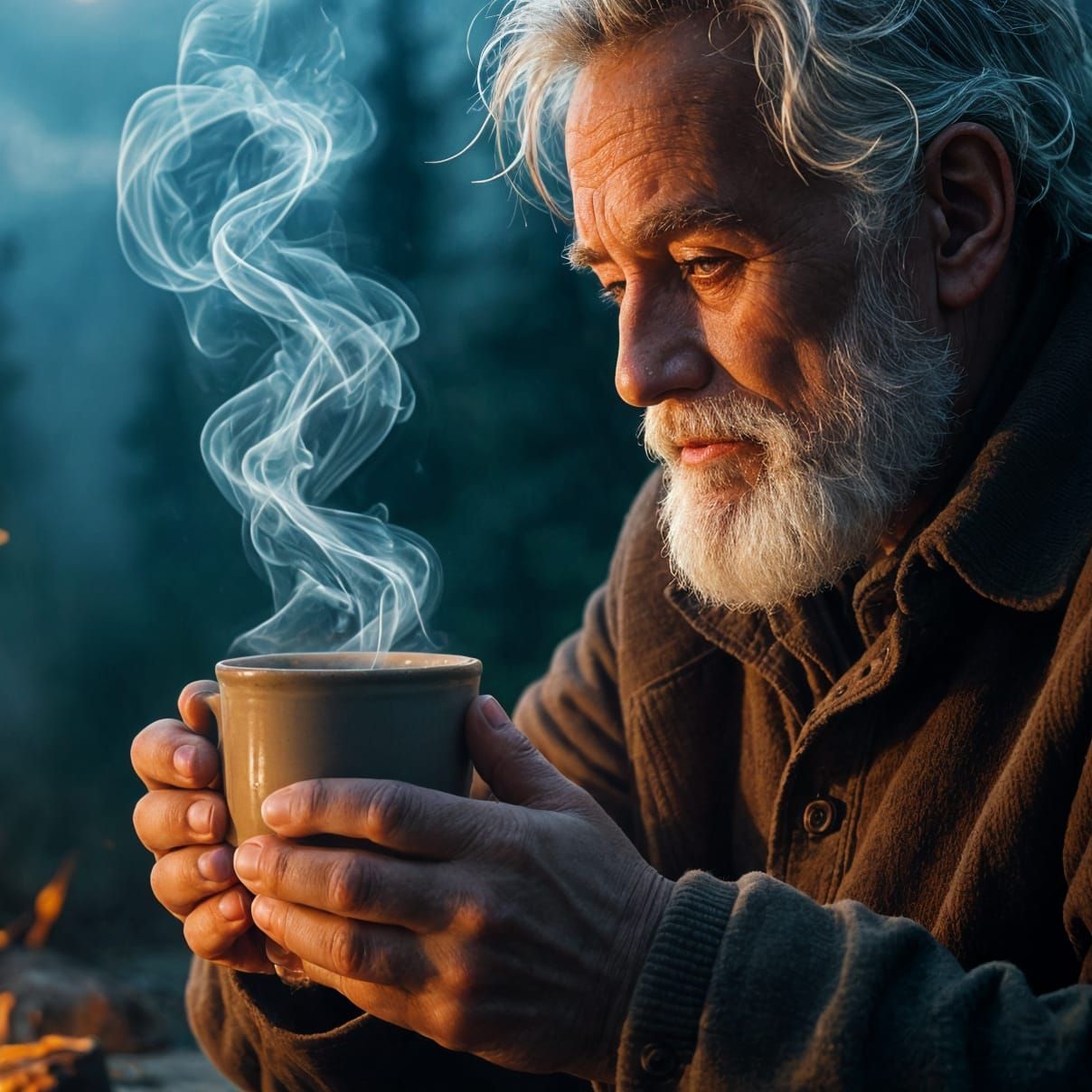 Elderly Hands Hold Steaming Mug by Moonlight