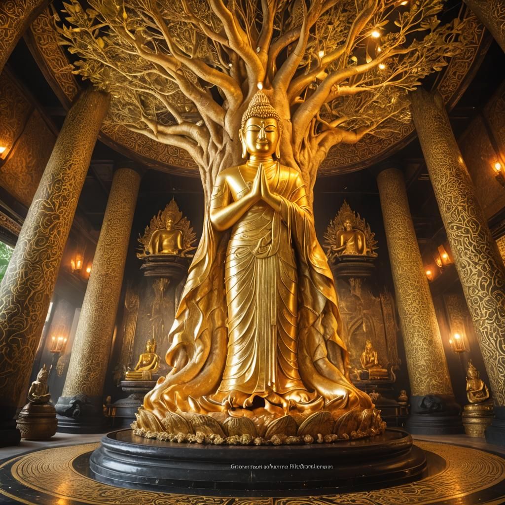Golden Thai Buddha Statue Under Banyan Tree