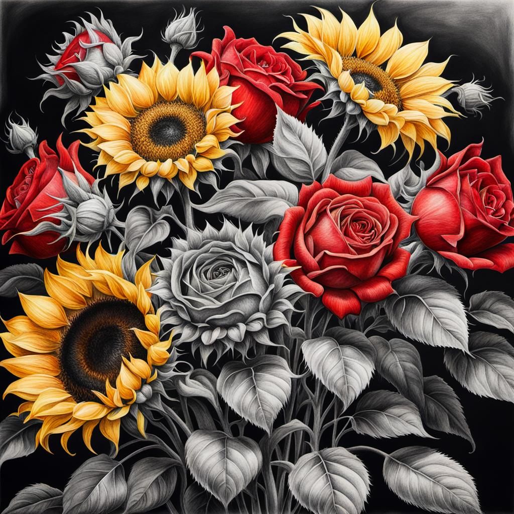 Vibrant Floral Masterpiece in Charcoal Drawing