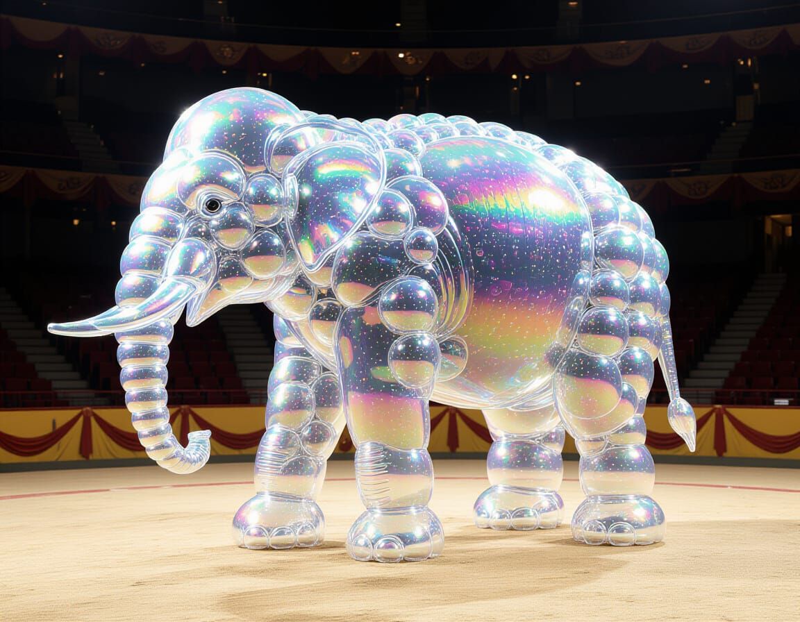 Iridescent Bubble Elephant in Empty Circus Ring