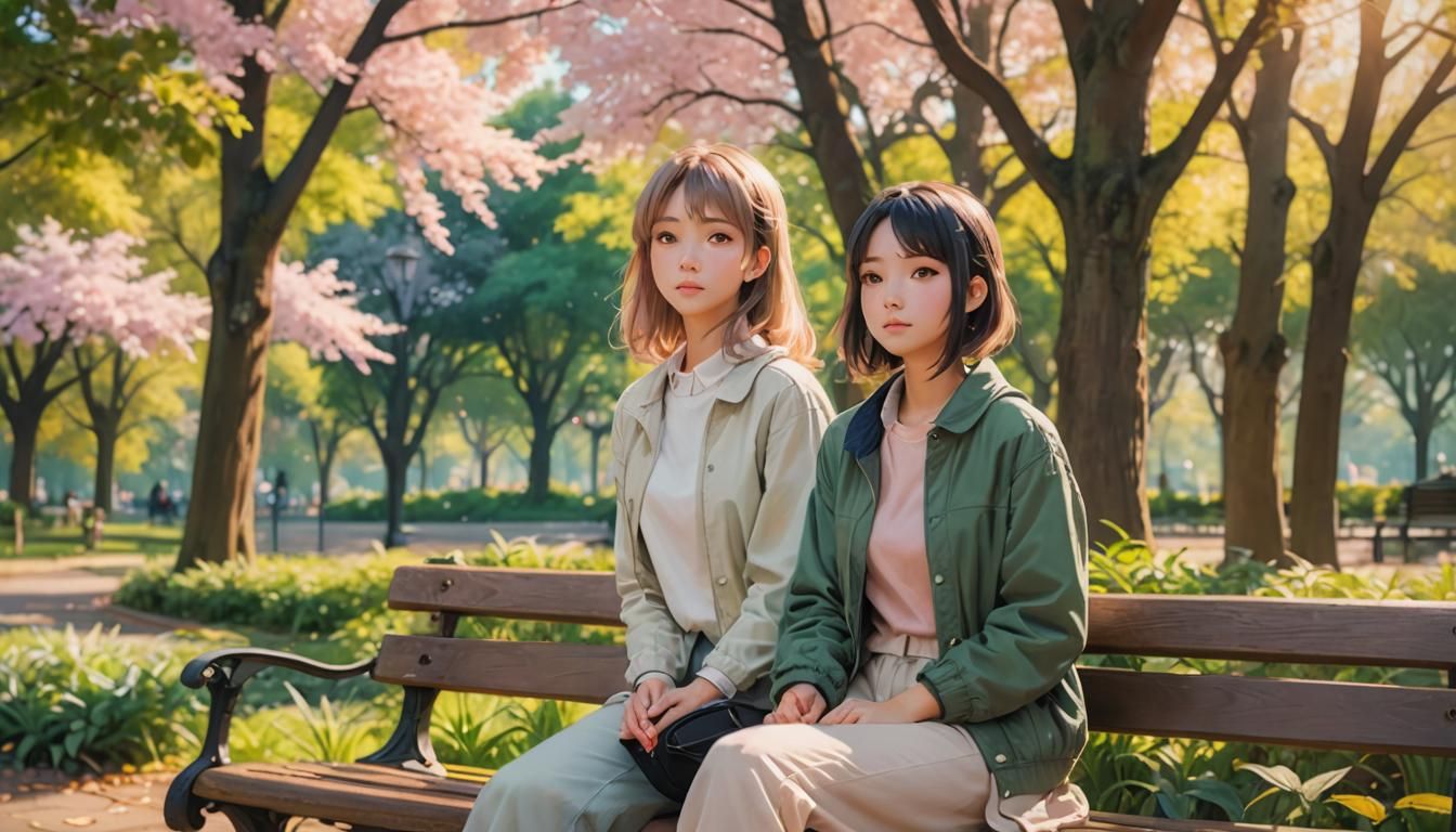 Girl Thinking in Serene Park: Pastel Anime Style