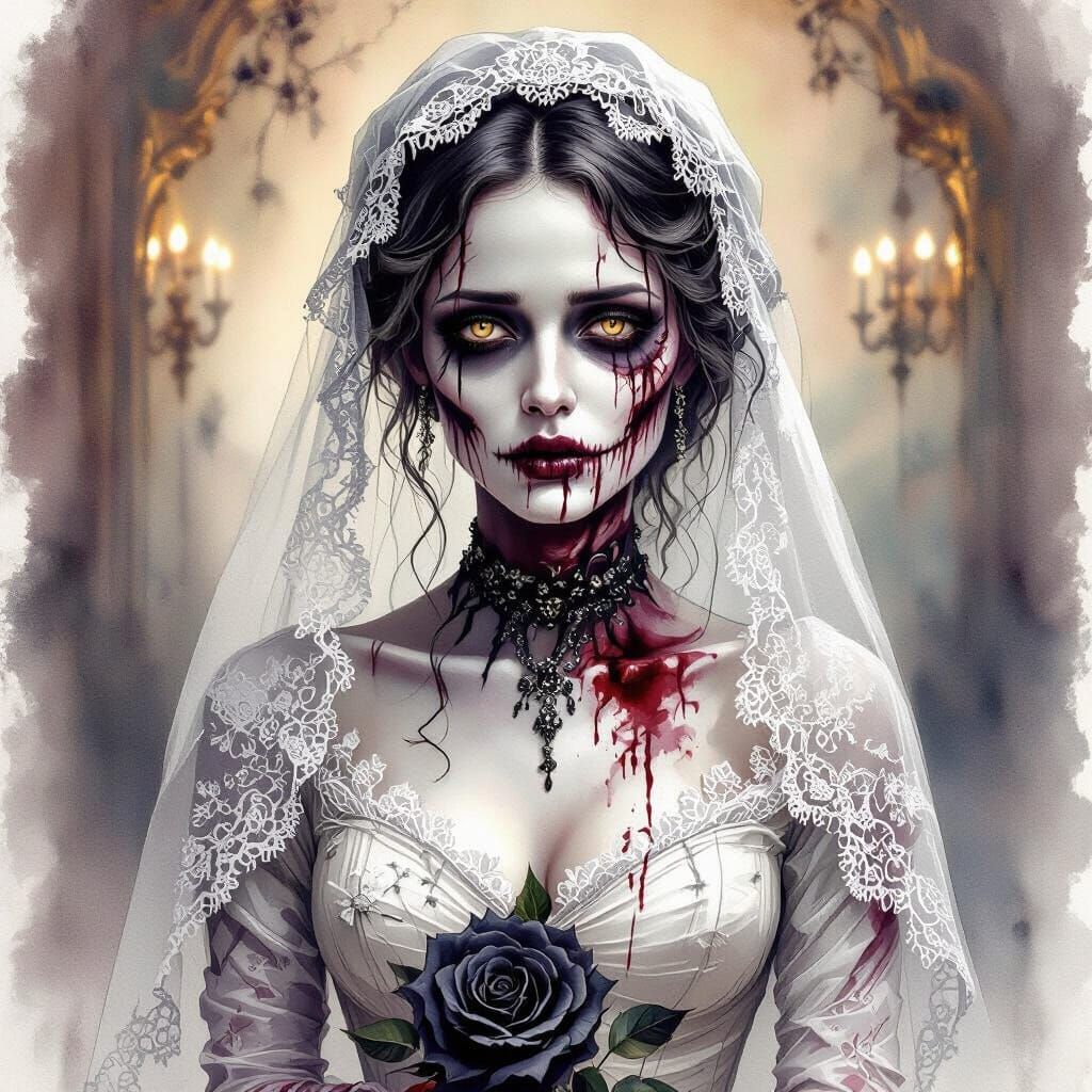 Gothic Zombie Bride Portrait in Alcohol Ink Watercolor