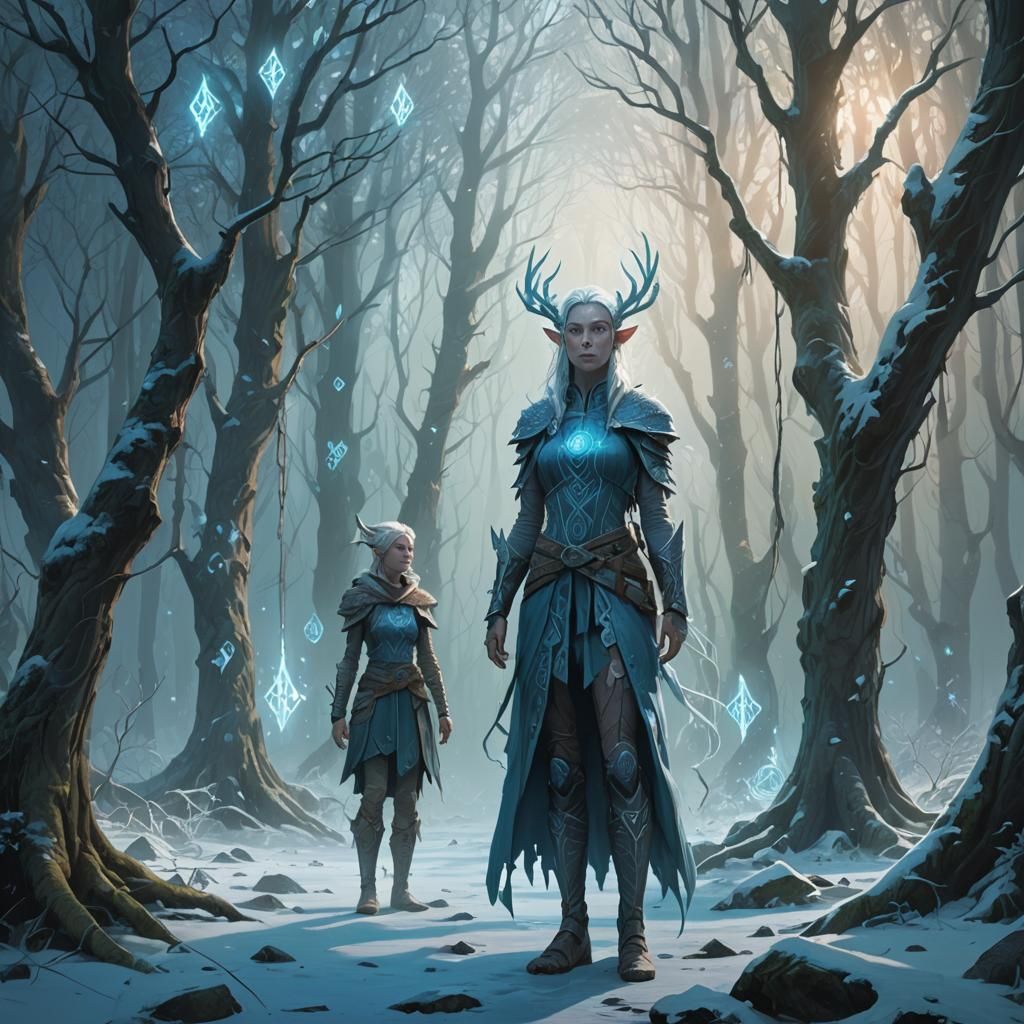 Earth and Ice Elf in Mystical Forest