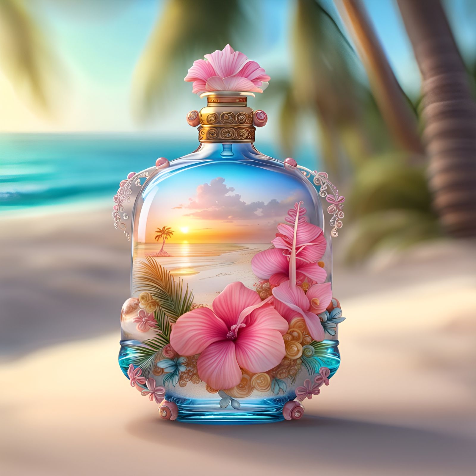 Dream Vacation Beach Landscape in a Perfume Bottle - "The Scent of Tropical Flowers"