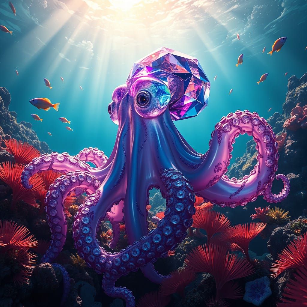 Majestic Crystal Octopus in Vibrant Coral Sea Fantasy