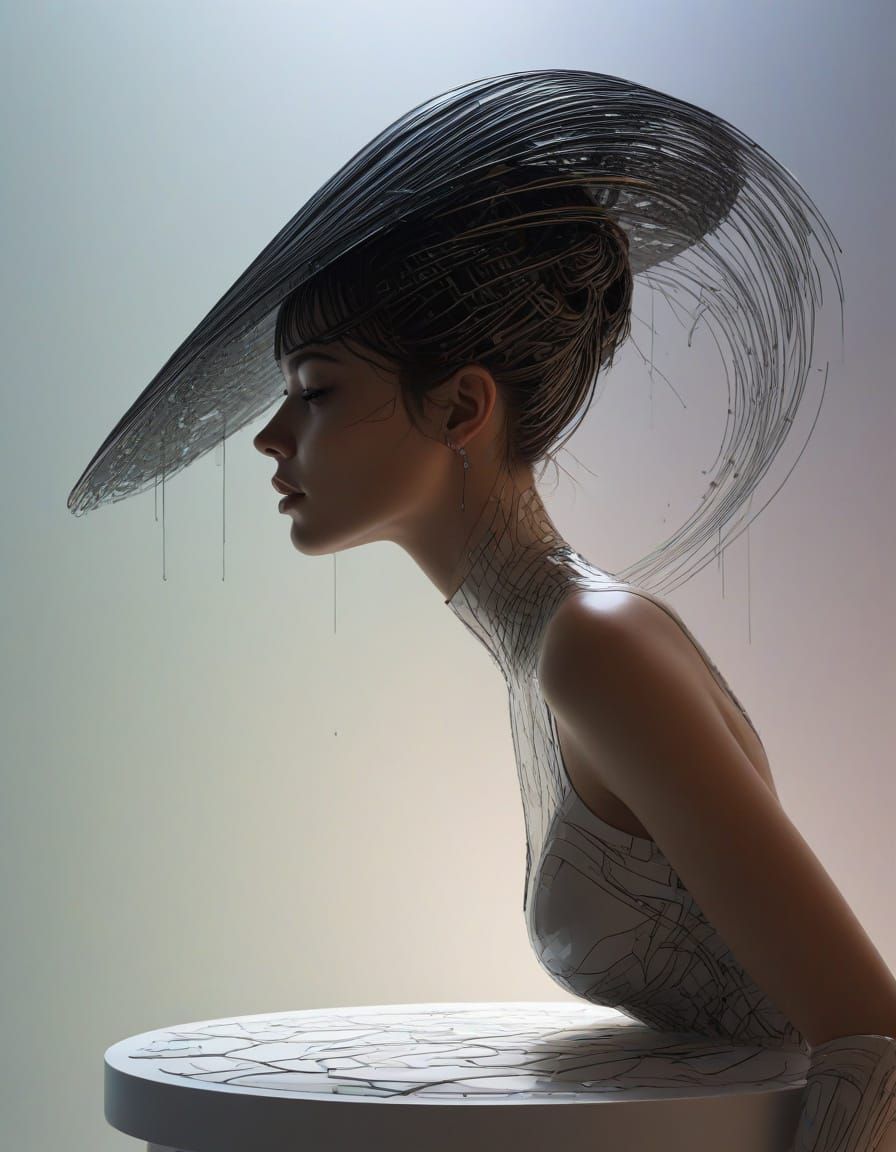 Futuristic Woman in Rain, 2.5D Embossed Calligram Style