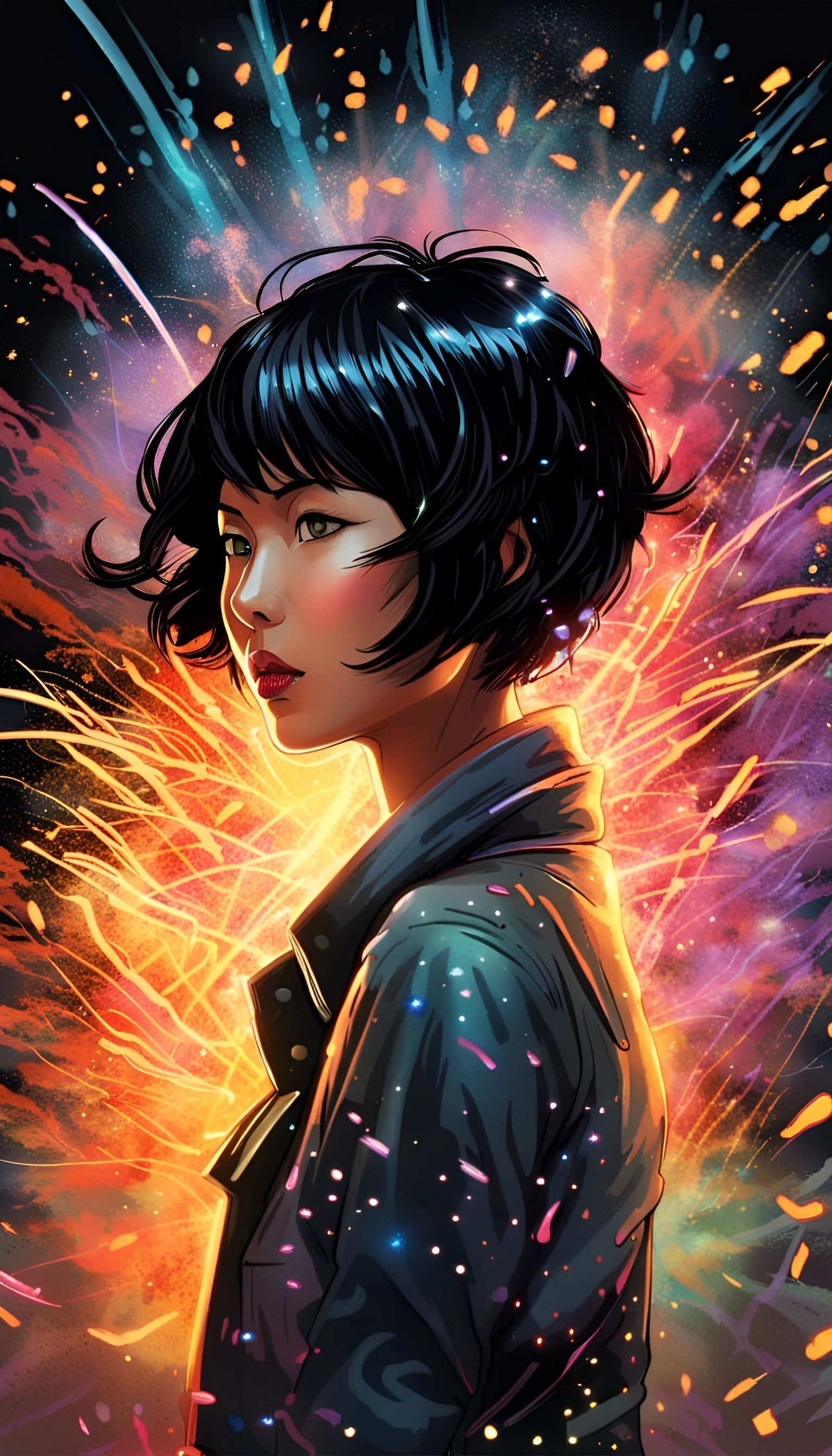 Asian Girl with Fireworks Superpowers: Comic Book Art