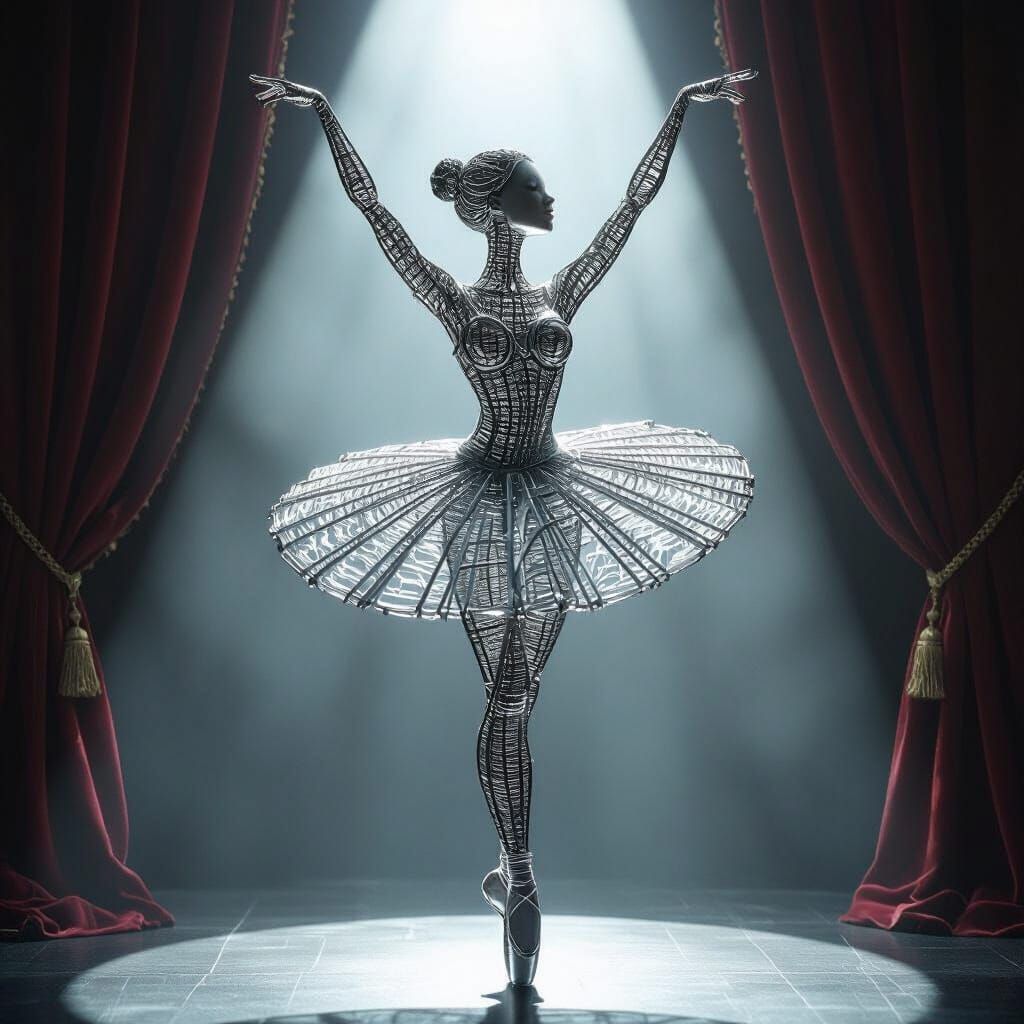 Elegant Wire Ballerina Dances on Smoky Stage