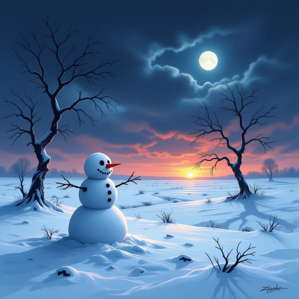 Melancholy Snowman in Twilight Field