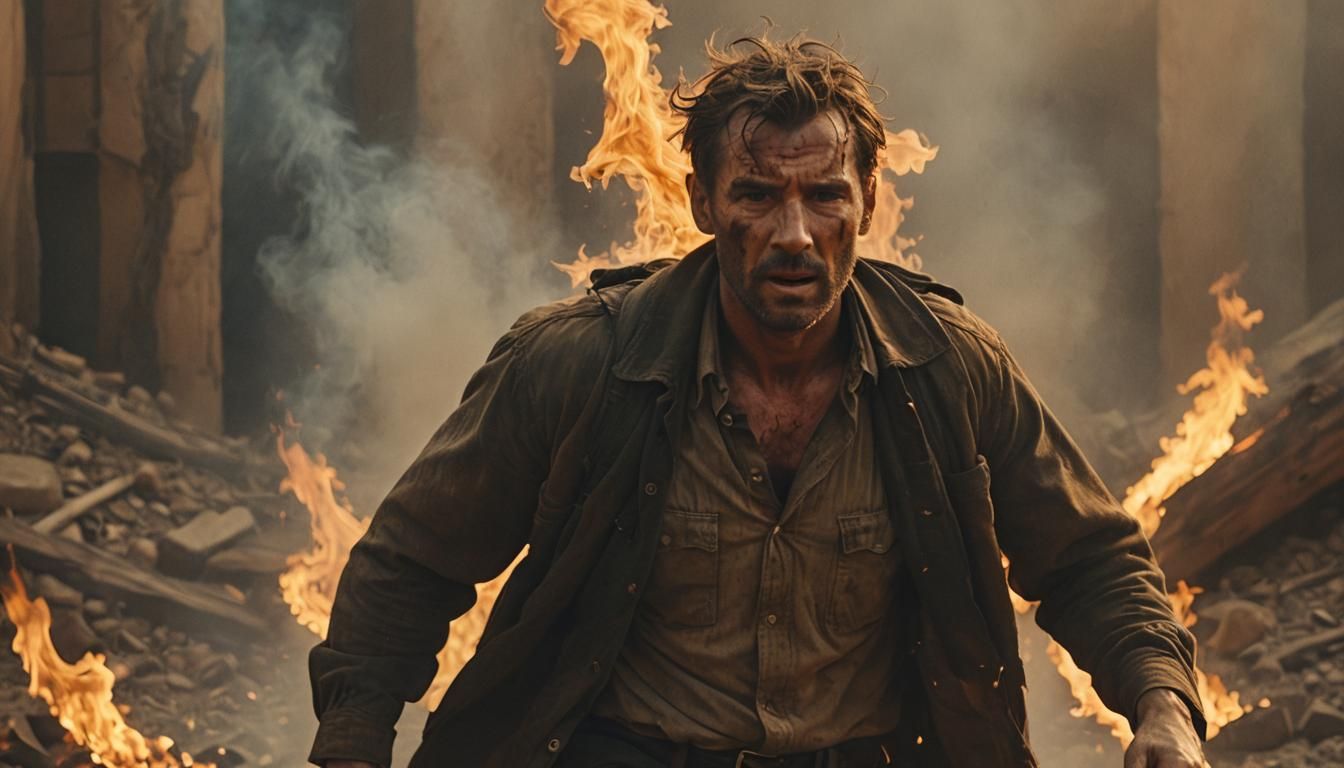 Courageous Man Walks Through Fire: Cinematic Image