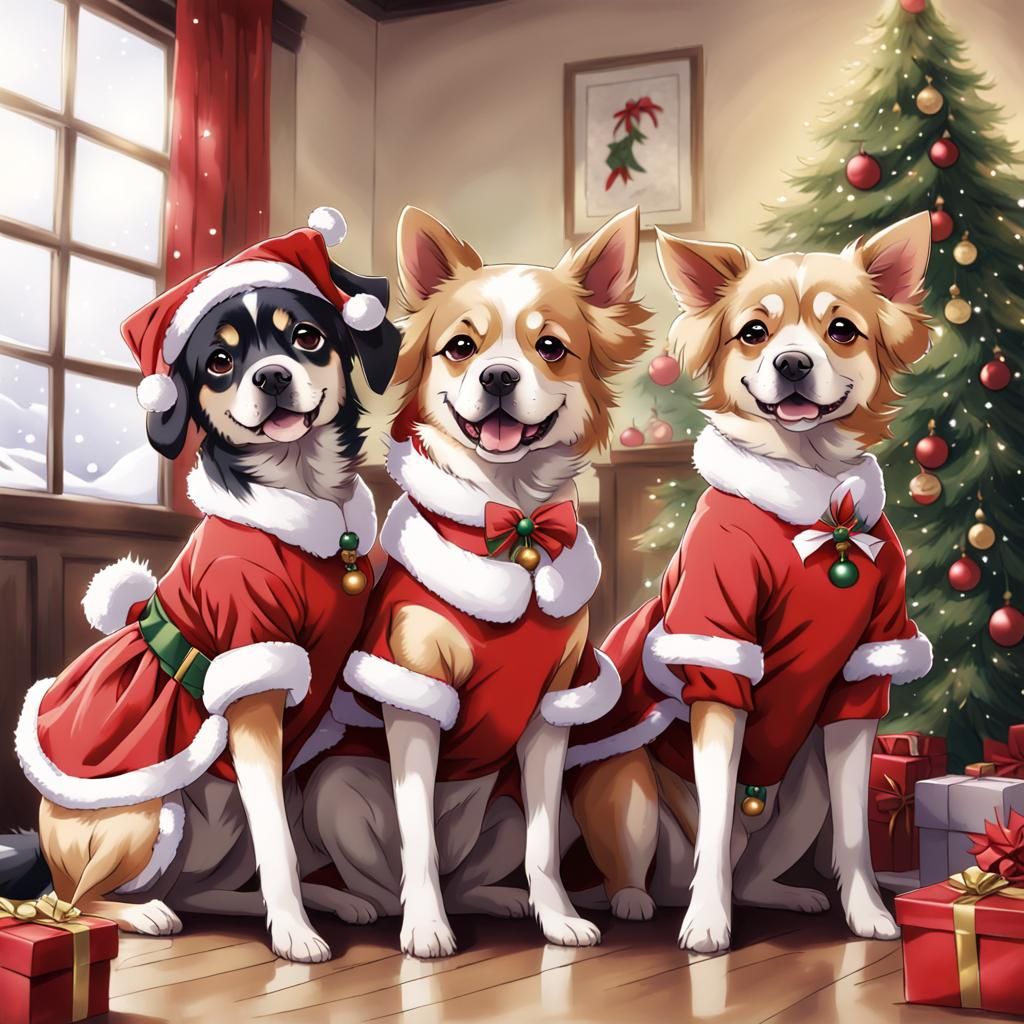 Anime Style Dogs in Christmas Dresses