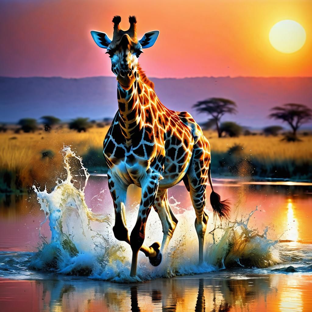 Giraffe Runs Through Lake at Sunset