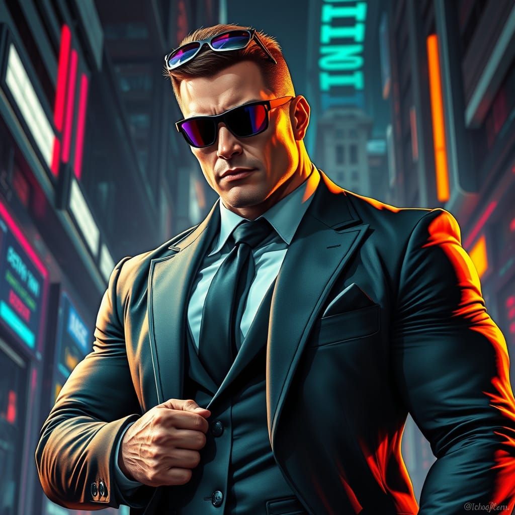 Cyberpunk Executive Bodybuilder Cop in Futuristic High-Tech....