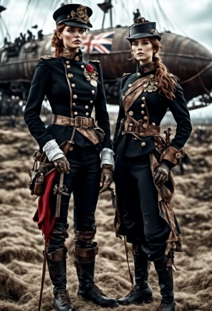 Victorian Steampunk Soldier with Airship in Hyperreal Style