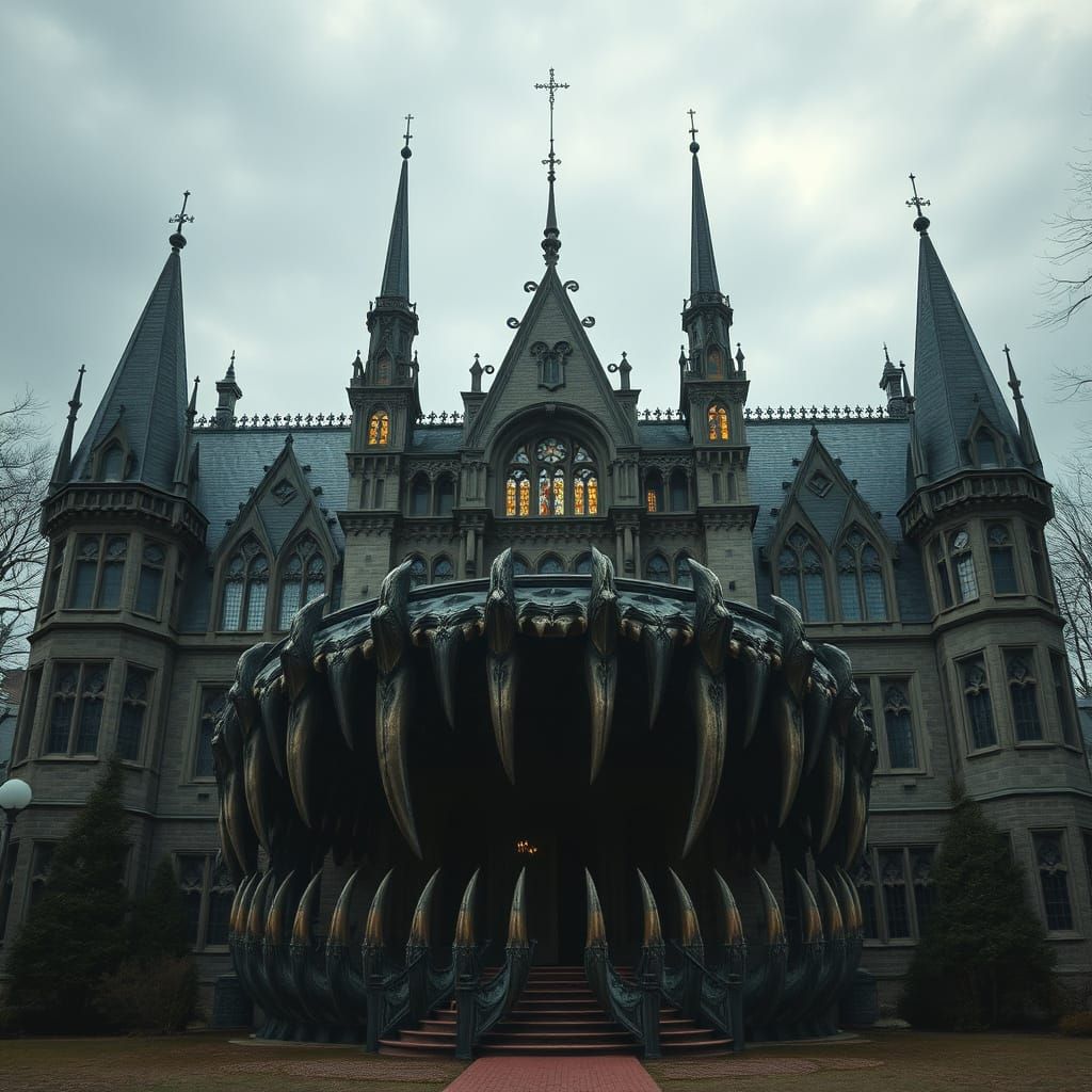 Gothic Jawline Castle with Jagged Teeth and Stained Glass