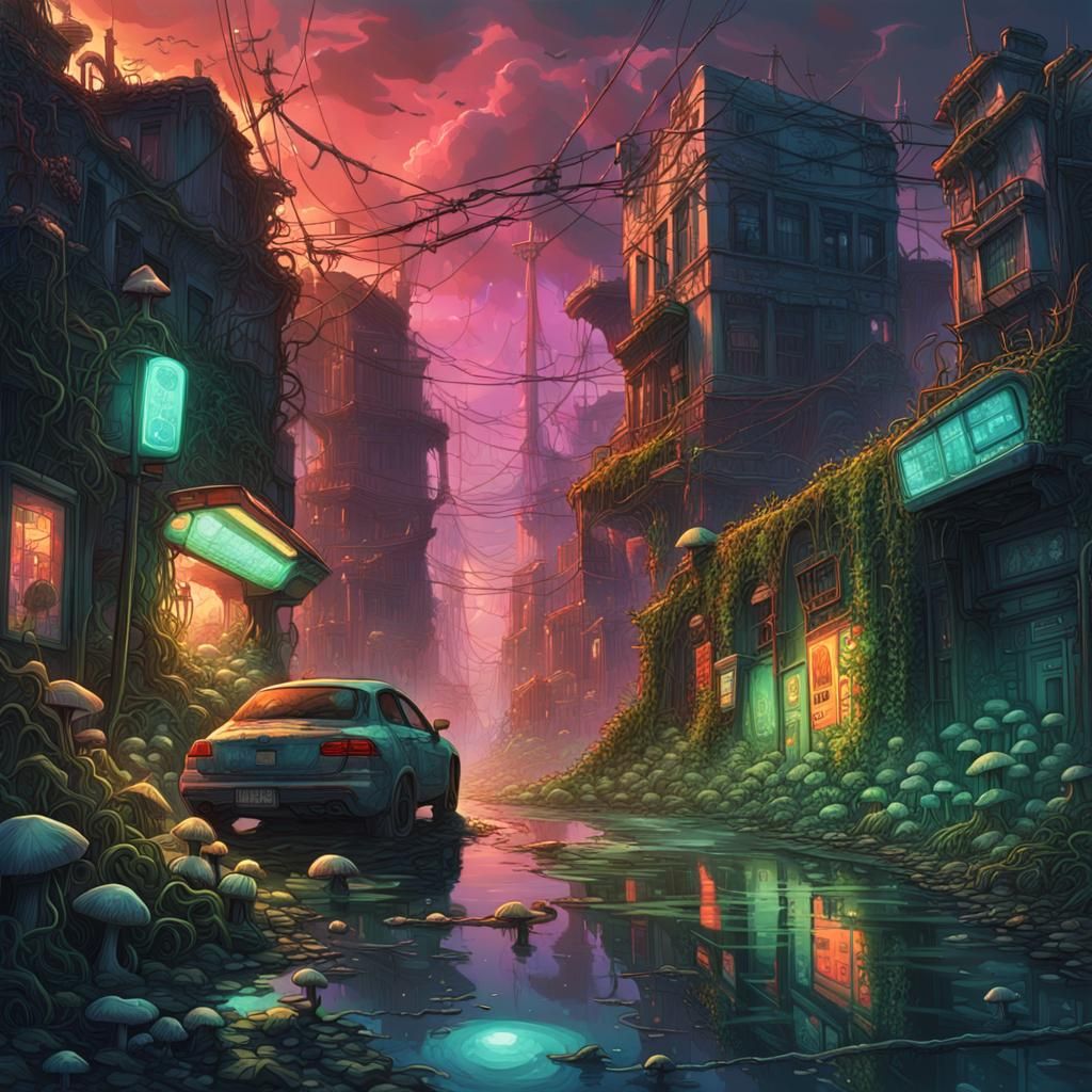 Hypermaximalist Post-Apocalyptic Cityscape with Glowing Flor...