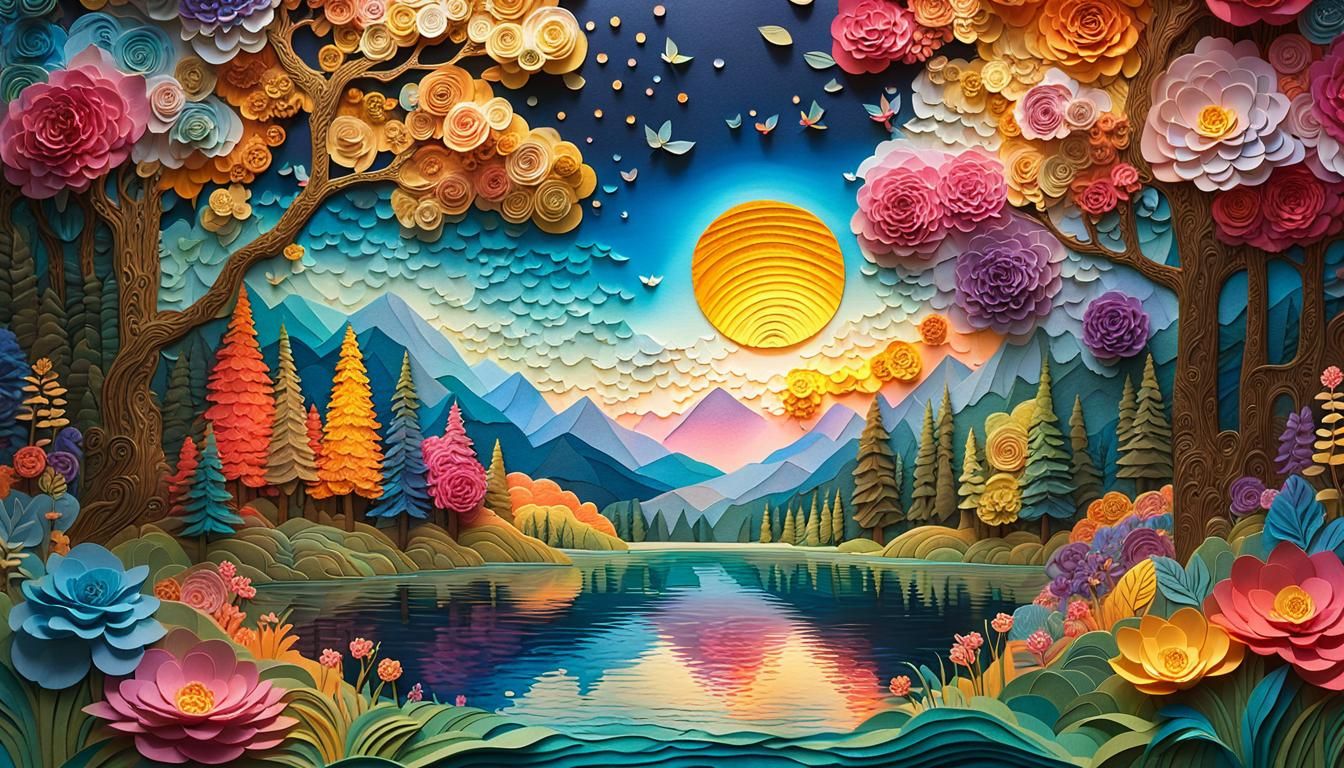 Vibrant Floral Forest Reflected in Paper Art Style