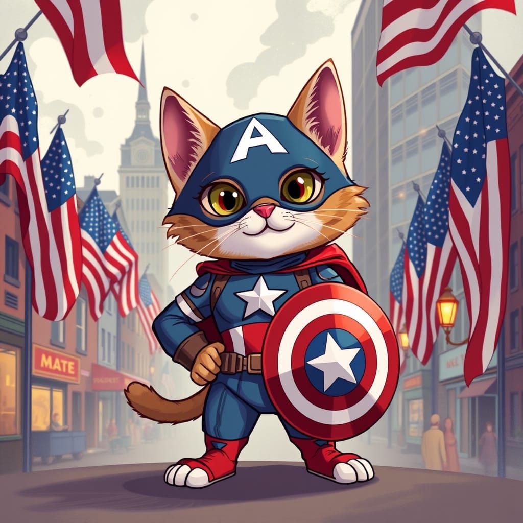 Feline Captain America in Star-Spangled Superhero Style
