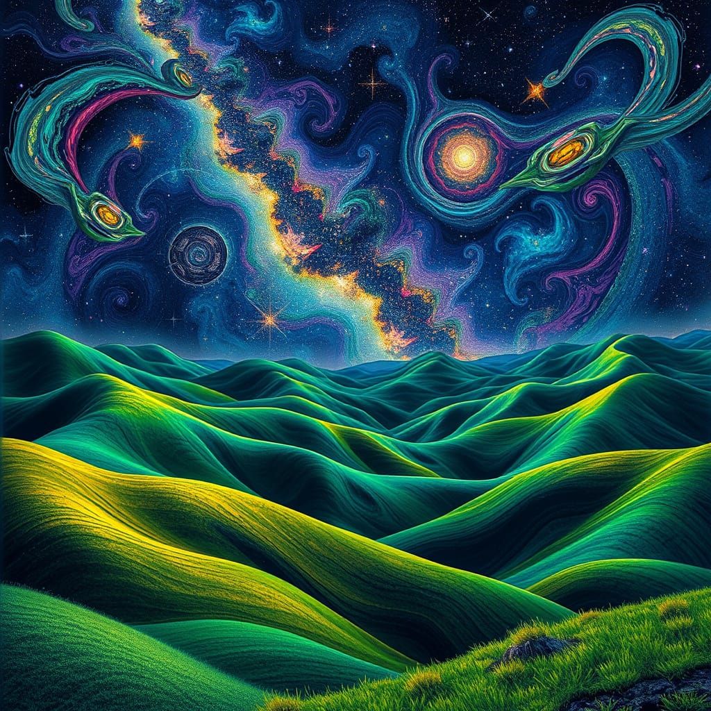 Cosmic Emerald Hills in Vibrant Astral Swirls