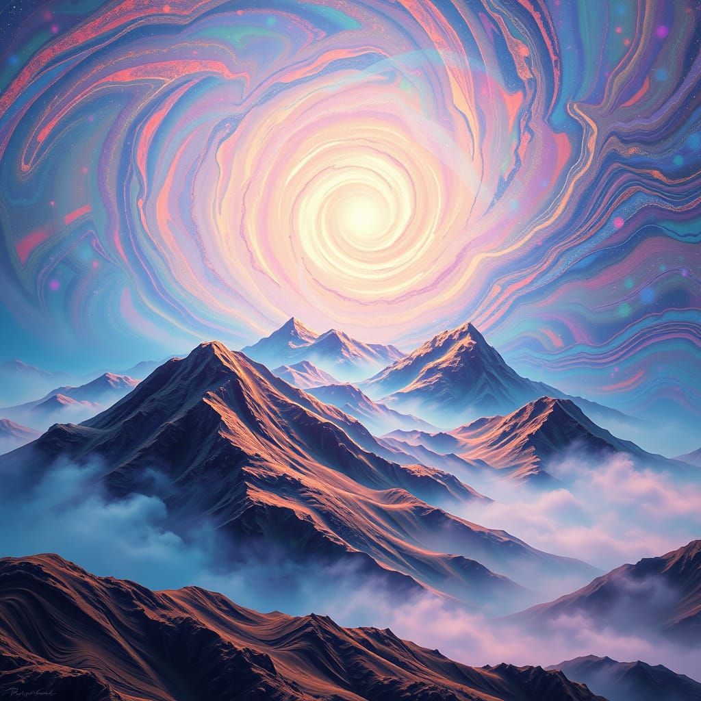 Surreal Cosmic Hills in Luminous Holographic Style