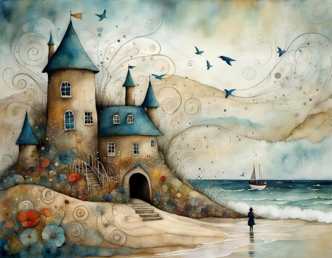 Magical Sandcastle by the Seashore in Folk Art Style