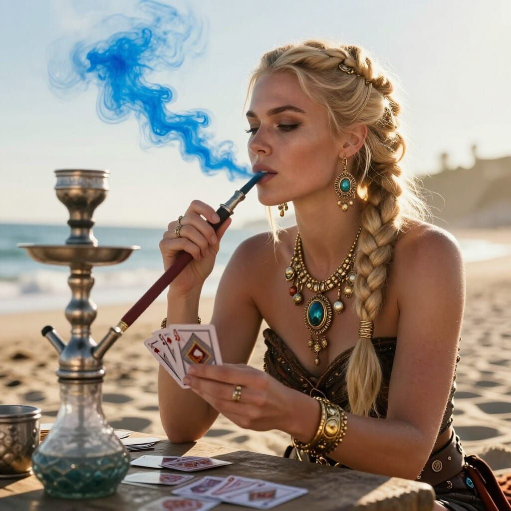Viking Warrior Woman Plays Cards on Sunny Beach