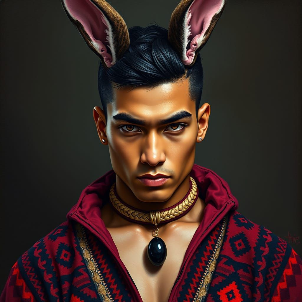 Peruvian Playboy in Traditional Bunny Outfit with Incan Geom...