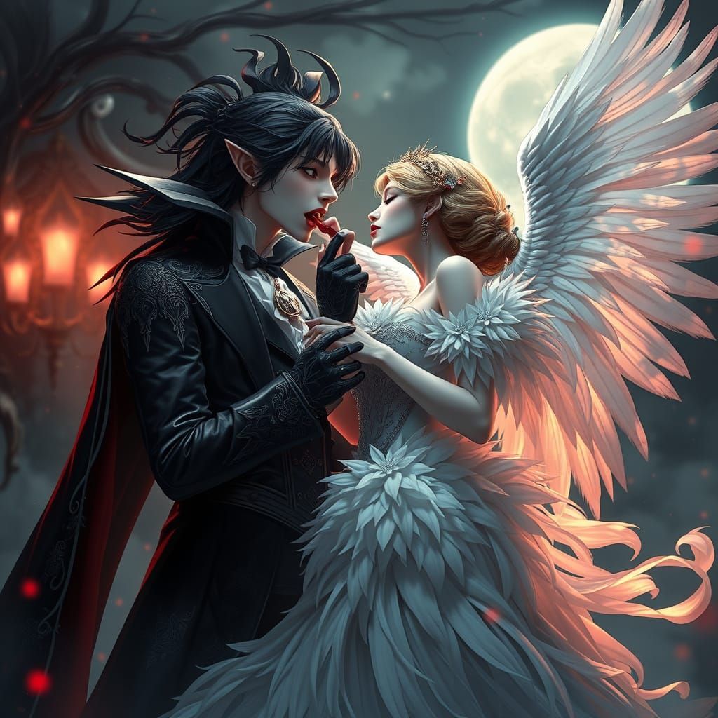 Vampire and Angel in Moonlit Anime Art