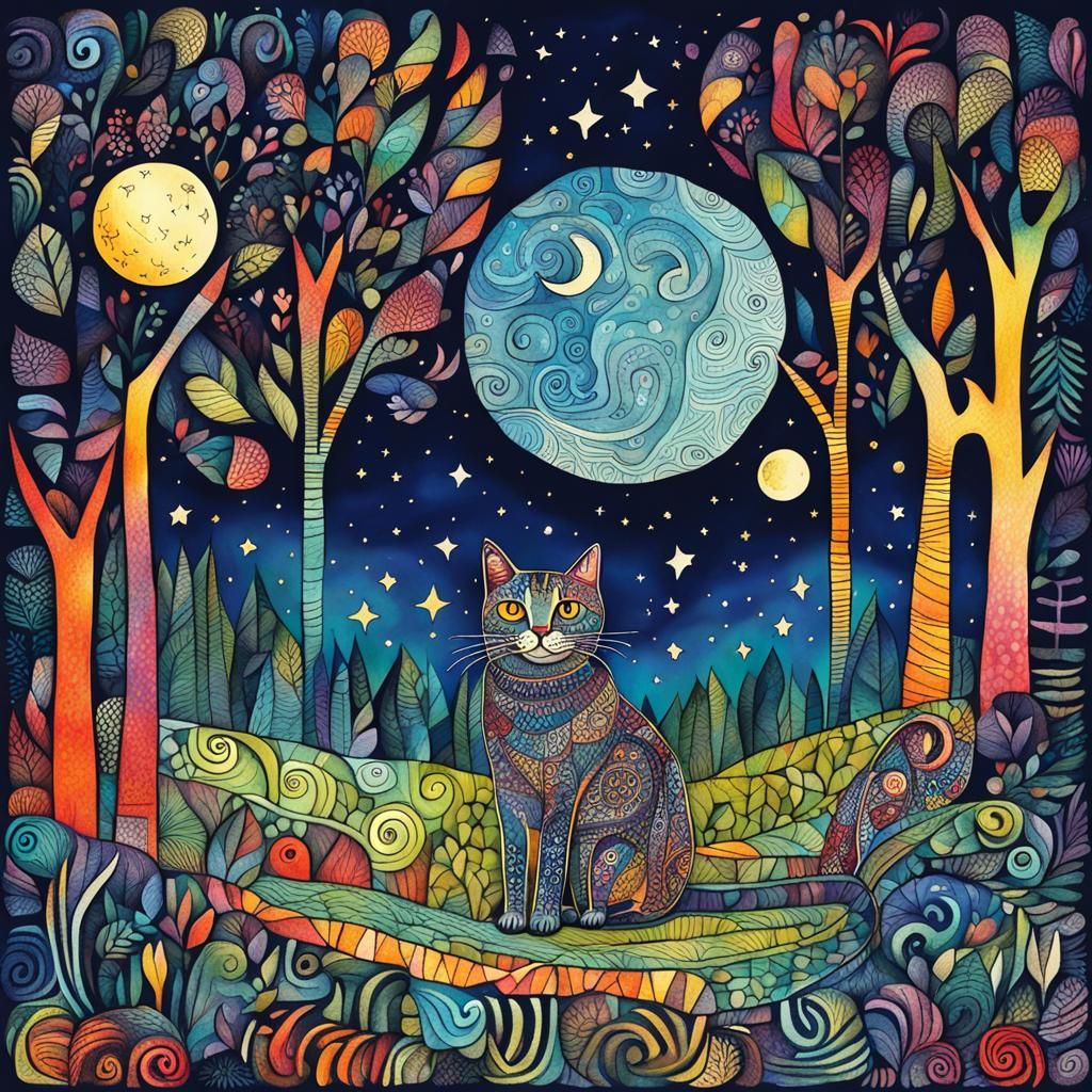 Colorful Cat in Moonlit Forest Illustration