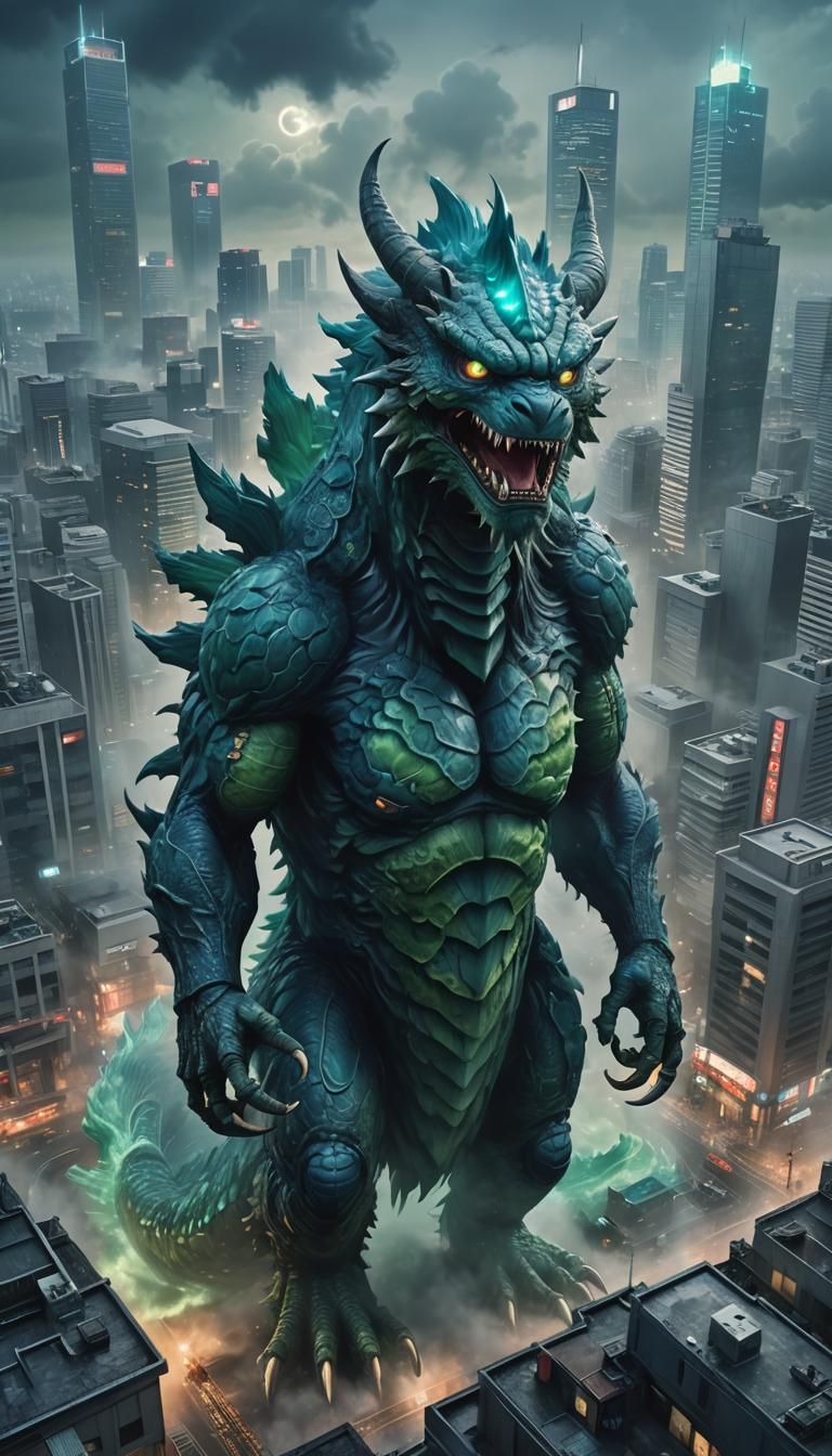 Kaiju Roars in Misty Cityscape: 3D Anime Art