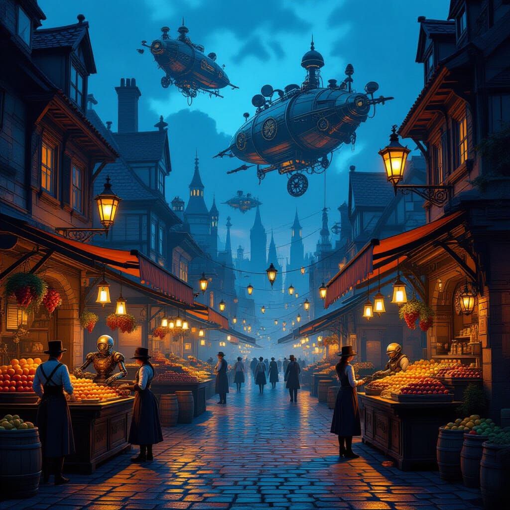 Steampunk Marketplace with Airships and Automatons