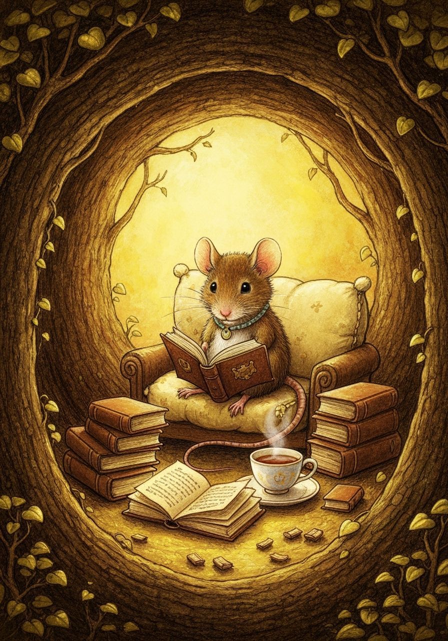 Cozy Mouse Reading Nook Inspired by Classic Illustration